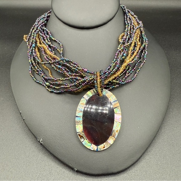 Multicolor Iridescent Seed Beaded Necklace with Large Abalone Shell Pendant - Picture 16 of 17